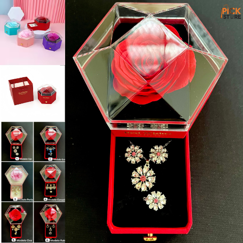 Pack: 🎁🥰Joyero+Collar+ Aretes+ Anillo+ Rosa eterna+ Bolsa de regalo🌹¡El regalo perfecto para mamá!🥰💝